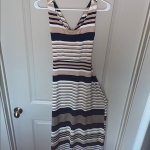 SELF Cross Back Backless Maxi Dress Tan/Wht/Blue